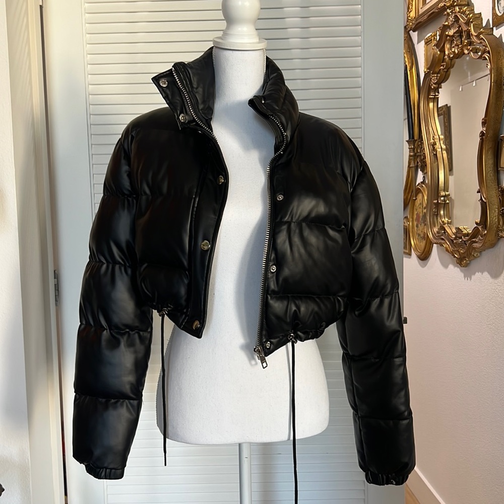 Pleather Cropped Puffer Jacket